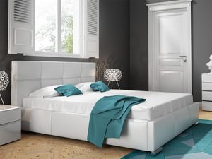 Miniaturka 2 - Białe łóżko tapicerowane z turkusową narzutą, minimalistyczna sypialnia.