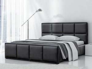 Miniaturka 3 - Czarny zestaw łóżka z ekoskóry z prostym zagłówkiem i materacem