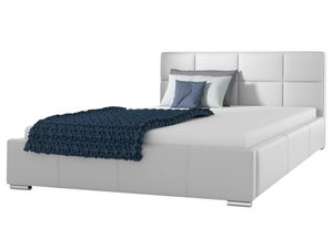 Miniaturka 6 - Łóżko z białą tapicerką i ciemnoniebieską narzutą w jasnym wnętrzu