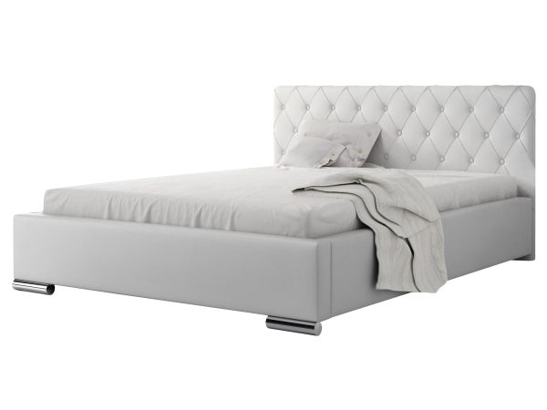 Białe łóżko z pikowanym zagłówkiem do nowoczesnej, jasnej sypialni