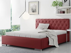 Miniaturka 5 - Czerwone łóżko glamour z dekoracyjnym zagłówkiem do jasnej sypialni