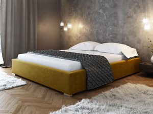 Miniaturka 1 - Musztardowe łóżko tapicerowane z welurowym wykończeniem i wysokim zagłówkiem