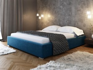Miniaturka 2 - Granatowe łóżko sypialniane z przeszyciami i nowoczesnym wykończeniem