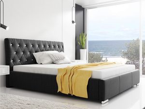 Miniaturka 6 - Czarne łóżko tapicerowane z przeszyciami i żółtym dodatkiem w nowoczesnym wnętrzu