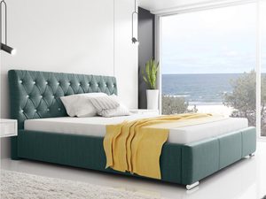 Miniaturka 4 - Zielone łóżko tapicerowane z żółtym pledem w jasnym pomieszczeniu