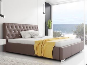 Miniaturka 8 - Brązowe łóżko tapicerowane z przeszyciami i żółtym dodatkiem w nowoczesnym wnętrzu