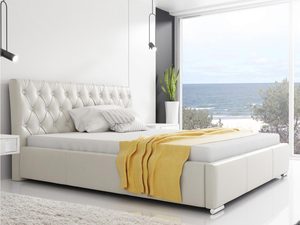 Miniaturka 11 - Białe łóżko tapicerowane z żółtym pledem w eleganckiej sypialni z widokiem