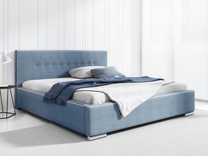 Miniaturka 4 - . Niebieskie łóżko kontynentalne z panelowym zagłówkiem i szarą narzutą