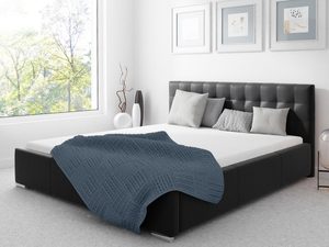 Miniaturka 6 - Czarne łóżko tapicerowane z prostym zagłówkiem i poduszkami – klasyczne łóżko w głębokim czarnym odcieniu z wyściełanym zagłówkiem.