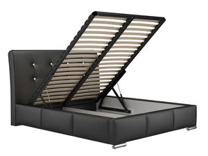 Miniaturka 1 - Czarne łóżko tapicerowane z pojemnikiem na pościel i zagłówkiem z guzikami – nowoczesne łóżko z chromowanymi nogami i praktycznym schowkiem na pościel.