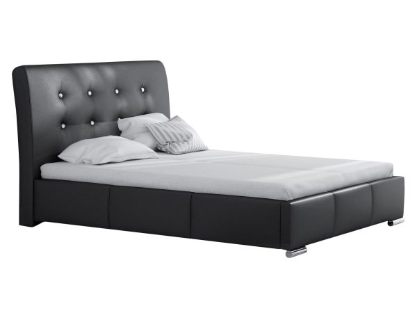 Czarne łóżko tapicerowane z kryształowymi guzikami