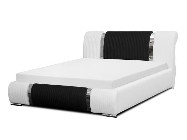 Białe łóżko z czarnym elementem tapicerowanym