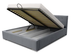 Miniaturka 2 - Szare łóżko tapicerowane do sypialni w otwartym pojemnikiem na pościel