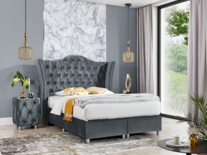 Miniaturka 5 - Popielate łóżko tapicerowane z ozdobnym wezgłowiem w stylowej aranżacji