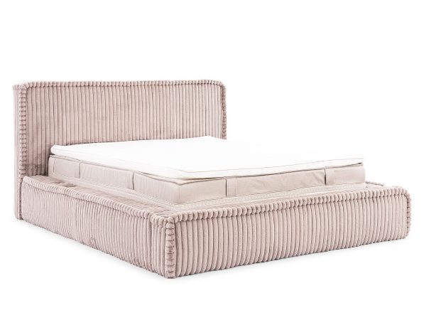 Różowe łóżko z otwartym pojemnikiem na pościel i prostym zagłówkiem