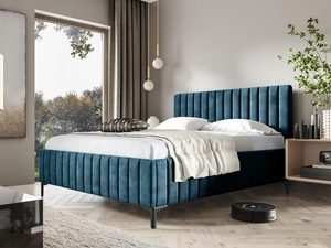 Miniaturka 5 - Niebieskie łóżko z dekoracyjnym zagłówkiem i cienkimi nóżkami