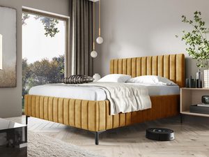 Miniaturka 3 - Musztardowe łóżko tapicerowane na czarnych nóżkach do nowoczesnej sypialni