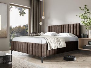 Miniaturka 1 - Brązowe łóżko tapicerowane z pionowym przeszyciem i wysokim zagłówkiem