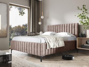 Miniaturka 7 - Pudrowe łóżko tapicerowane z prostokątnym zagłówkiem i czarnymi nogami