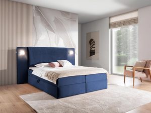 Miniaturka 12 - Łóżko tapicerowane w kolorze granatowym z prostym zagłówkiem – nowoczesne łóżko do sypialni, które dodaje wnętrzu wyrazistości.