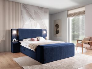 Miniaturka 11 - Łóżko tapicerowane w kolorze granatowym z prostym zagłówkiem i zabudowaniem – nowoczesne łóżko do sypialni, które dodaje wnętrzu wyrazistości.