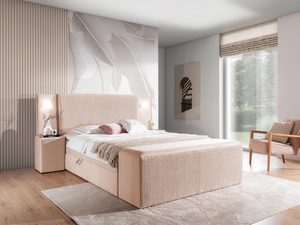 Miniaturka 17 - Łóżko tapicerowane w kolorze różowym z prostym zagłówkiem – nowoczesne łóżko do sypialni z delikatnym różowym obiciem.