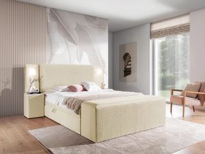 Miniaturka 19 - Łóżko tapicerowane w kolorze beżowym z prostym zagłówkiem – klasyczne łóżko do sypialni, które wprowadza ciepło do wnętrza.