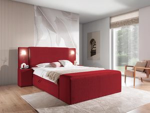 Miniaturka 21 - Łóżko tapicerowane w kolorze czerwonym z prostym zagłówkiem , oświetleniem i zabudowaniem– odważne łóżko do sypialni, które wprowadza energię do wnętrza.