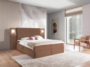 Miniaturka 26 - Łóżko tapicerowane w kolorze ciemnobeżowym z prostym zagłówkiem – stylowe łóżko do sypialni, które wprowadza ciepło do wnętrza.