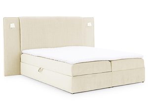 Miniaturka 1 - Łóżko tapicerowane w kolorze kremowym z prostym zagłówkiem – luksusowe łóżko do sypialni, które nadaje wnętrzu elegancji.