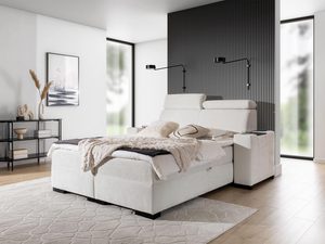 Miniaturka 10 - Łóżko tapicerowane w kolorze kremowym z prostym zagłówkiem – nowoczesne łóżko do sypialni z miękkim obiciem.