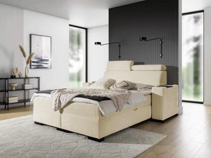 Miniaturka 13 - Łóżko tapicerowane w kolorze jasno zółtym z regulowanym zagłówkiem – luksusowe łóżko do sypialni, które nadaje wnętrzu ciepła.