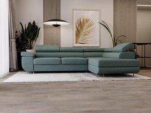 Miniaturka 38 - Miętowa sofa narożna z obrazem i zasłoną w tle