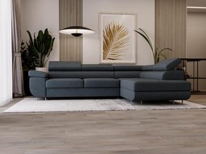 Miniaturka 37 - Grafitowa sofa narożna w jasnym wnętrzu z zasłonami