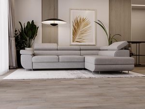 Miniaturka 36 - Szara sofa narożna z ozdobnym liściem w tle i dywanem w salonie