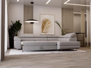 Miniaturka 35 - Jasnoszara sofa narożna z funkcją podnoszenia i otwartym schowkiem