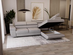 Miniaturka 34 - Sofa narożna w aranżacji salonu z dekoracyjnym obrazem i zasłonami