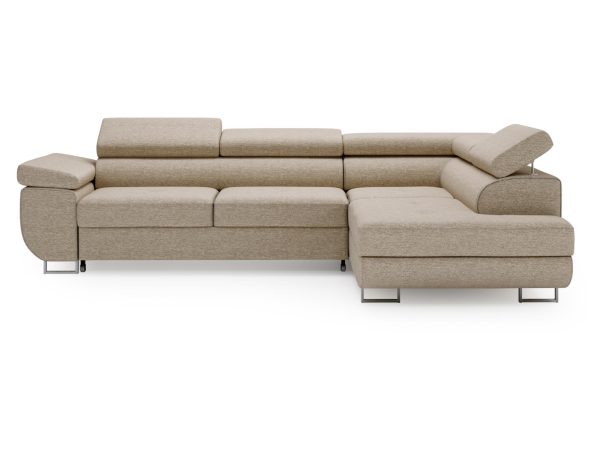 Beżowa sofa narożna z modułowym systemem i wbudowanym schowkiem