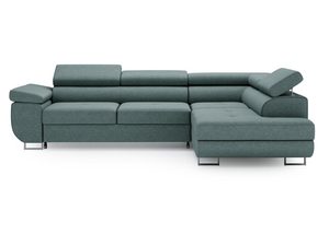 Miniaturka 1 - Zielona sofa narożna z regulowanym zagłówkiem i chromowanymi nóżkami