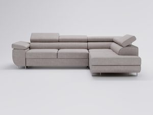Miniaturka 28 - Beżowa sofa narożna z eleganckim wykończeniem i szerokim bokiem