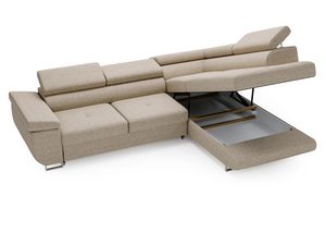 Miniaturka 15 - Jasnobeżowa sofa narożna z pojemnikiem i gładką tapicerką