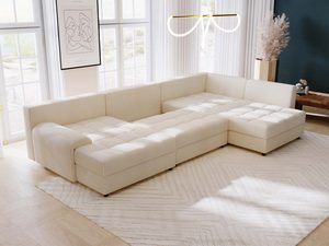 Miniaturka 44 - Kremowy narożnik sztruksowy z dużą powierzchnią siedziska w jasnym salonie