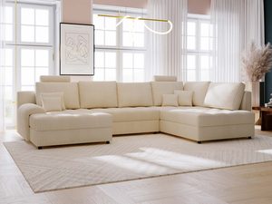 Miniaturka 43 - Kremowy narożnik narożny z fakturą sztruksową i grubym oparciem