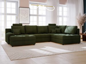 Miniaturka 50 - Butelkowozielony narożnik z miękkim siedziskiem i dekoracyjnymi poduchami