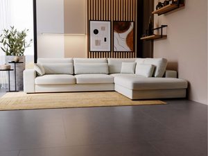 Miniaturka 25 - Beżowy narożnik w salonie z półkami i obrazami w tle