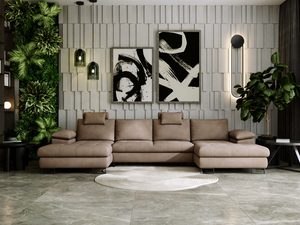 Miniaturka 30 - Sofa narożna beżowa w aranżacji z obrazami i zielenią w tle