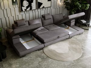 Miniaturka 34 - Narożnik grafitowy z funkcją spania i półką w aranżacji loftowej