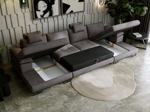 Miniaturka 35 - Narożnik grafitowy w salonie z podnoszonym schowkiem i szezlongiem