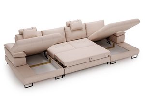 Miniaturka 21 - Sofa narożna beżowa z mechanizmem otwieranym i tapicerką boucle