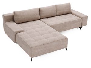 Miniaturka 9 - Sofa narożna z beżowej tkaniny z dużymi poduchami i komfortowym szezlongiem